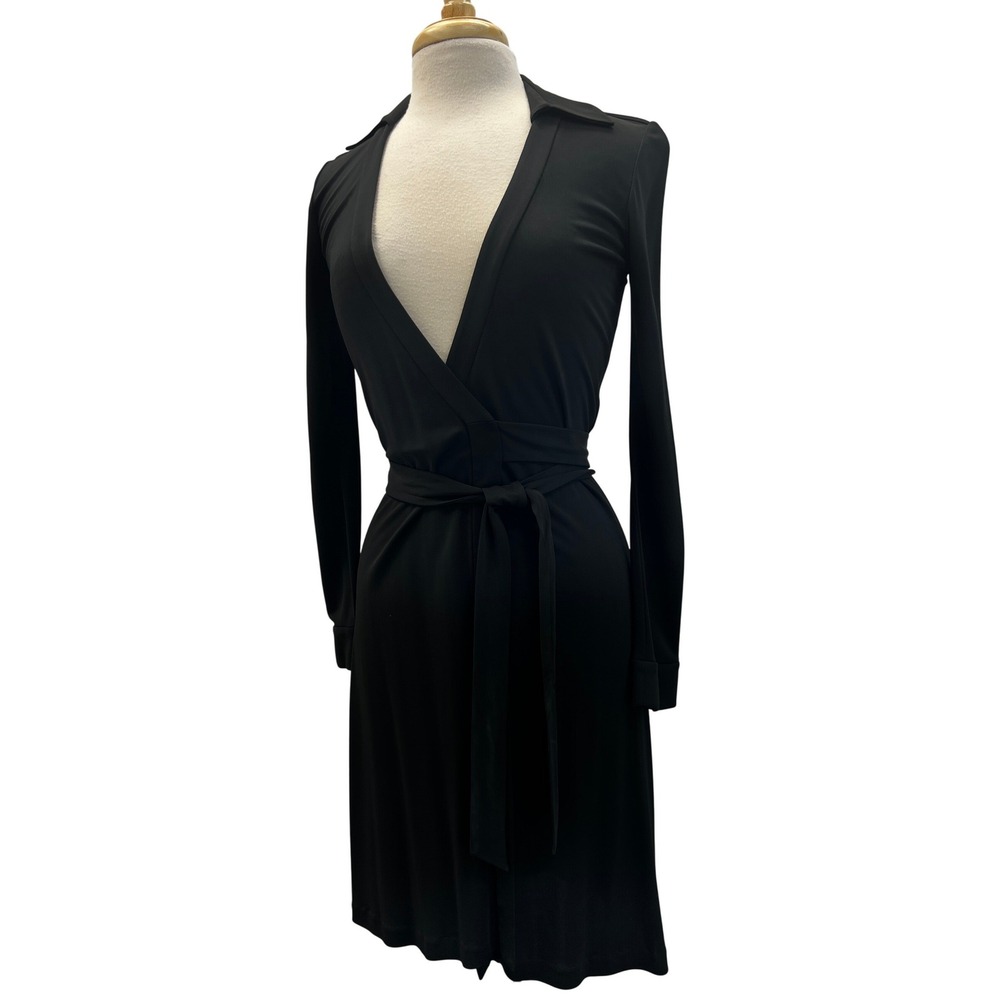 Black Long-Sleeve Wrap Dress with Tie Waist
